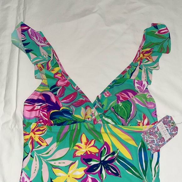 STELLA PARKER One Piece Bathing Suit Tropical Island Time Print Size Small Aqua - Picture 5 of 16